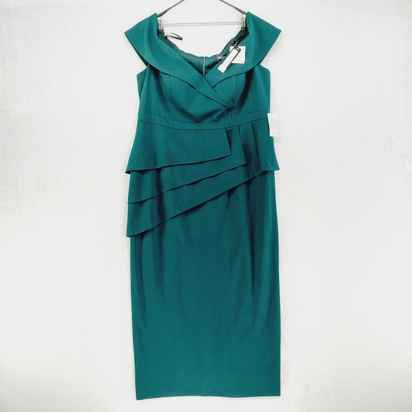 New XScape Off the Shoulder Scuba Crepe Column Gown in Pine Green P3636 - Picture 2 of 10